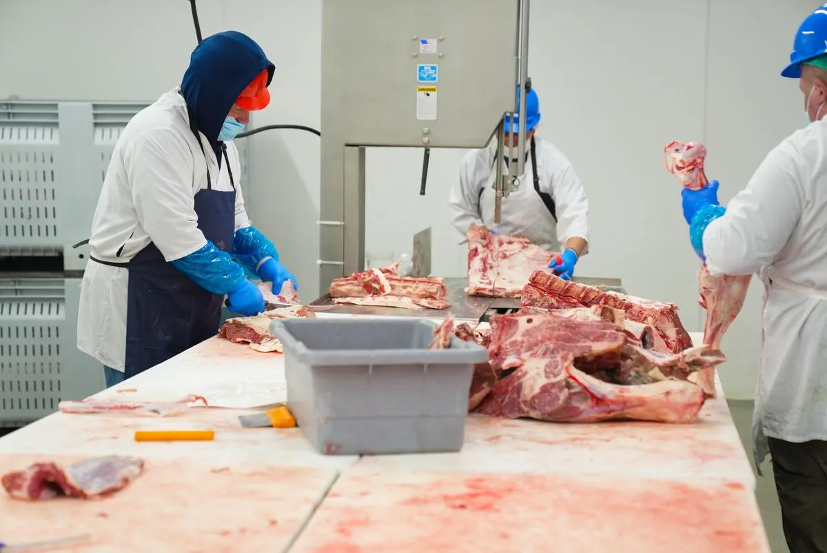 Trabalhadores de frigorífico com equipamentos de proteção processando carne na linha de produção